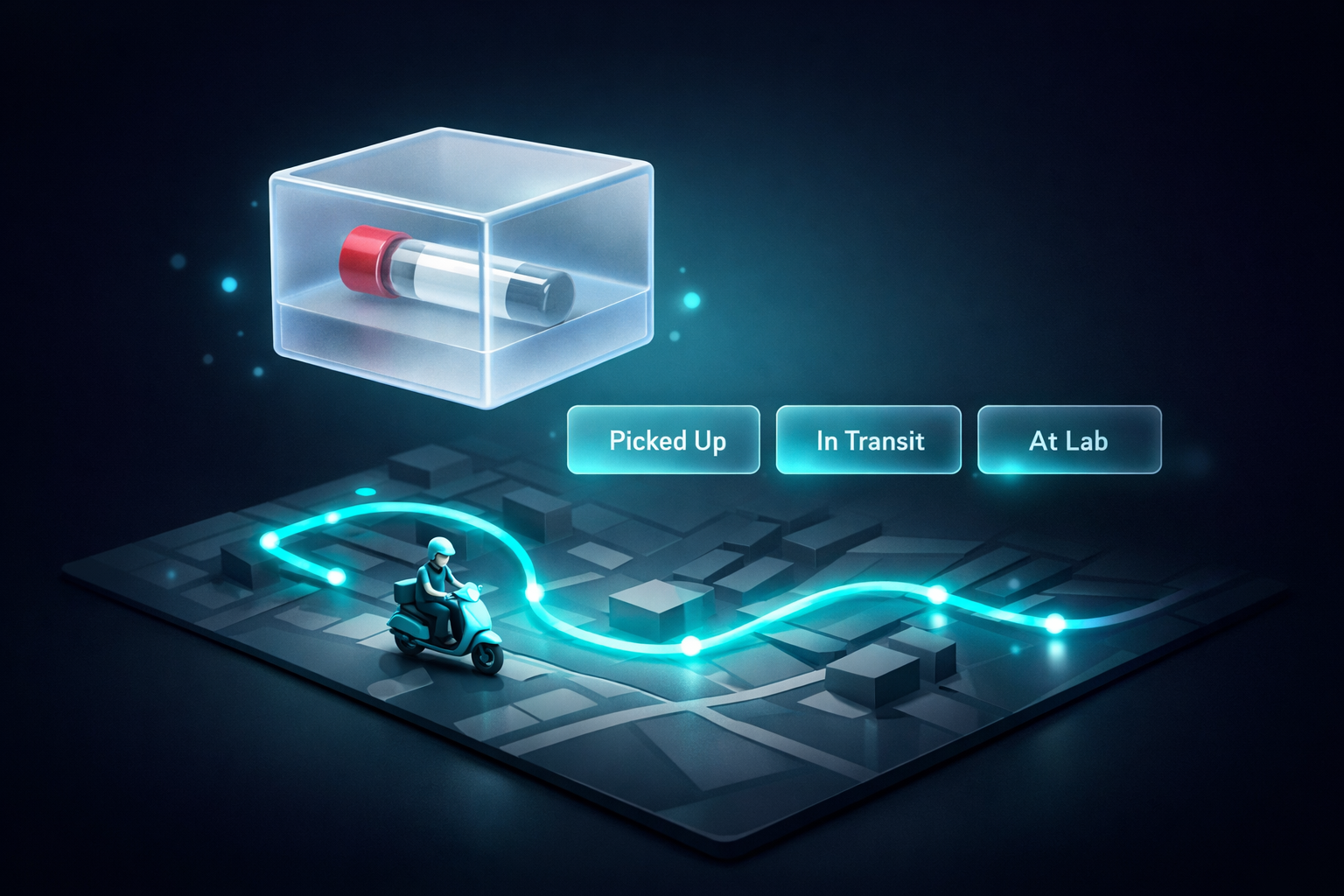 3D illustration of sample pickup and transit workflow